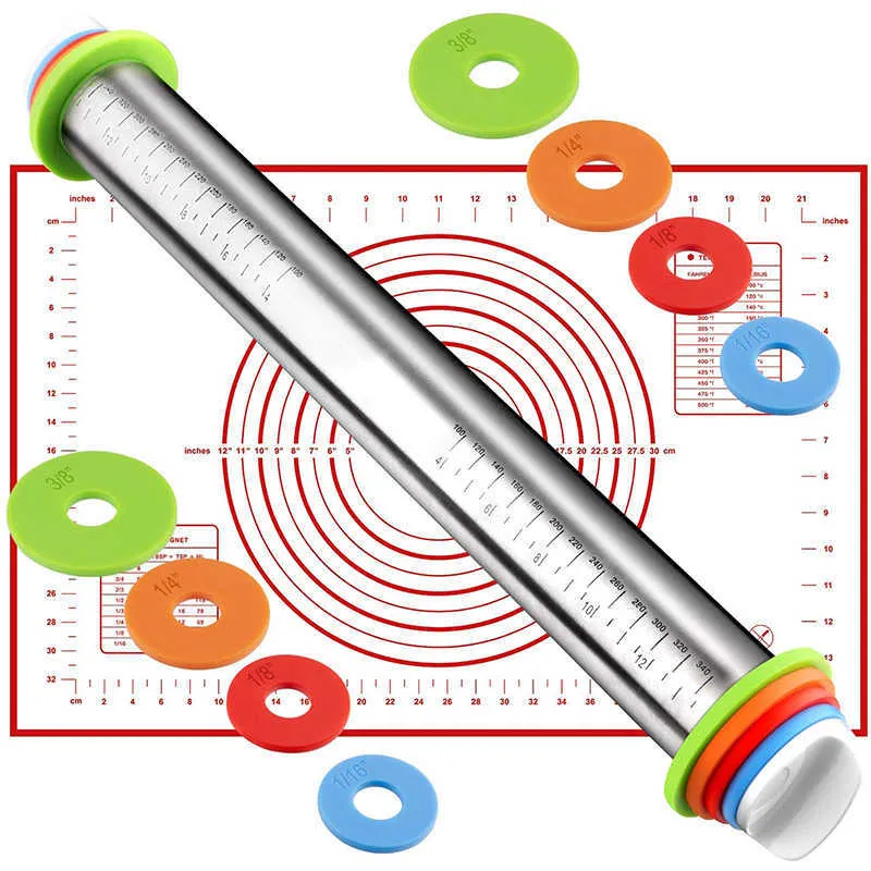 Mattarello regolabile con anelli Set di tappetini per pasticceria per biscotti da forno Chapati Pasta fondente Pasticceria Pizza Crosta di torta Utensili da cucina 211008