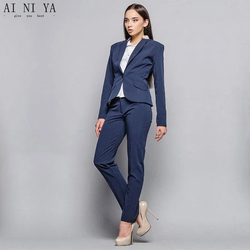 Chaqueta Pantalones Azul oscuro Mujeres Trajes de negocios Blazer Formal  Conjuntos de 2 piezas Traje de pantalón femenino Señoras Pantalón elegante