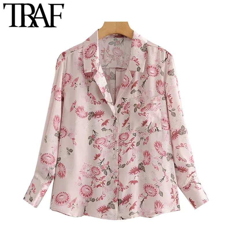 TRAF Kadınlar Moda Cepler Ile Çiçek Baskı Bluzlar Vintage Uzun Kollu Button-Up Kadın Gömlek Blusas Chic Tops 210415