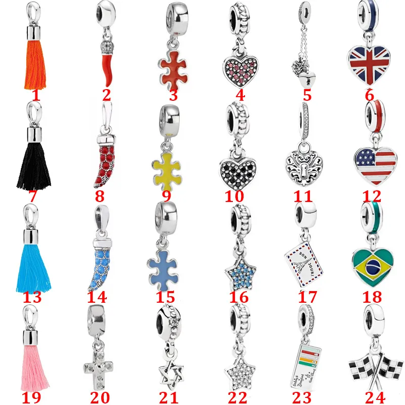 Genuine 925 Sterling Silver Fit Pandora Pulseira Charms Fringe Cross Bandeira Pentagram Pingente Pedro Amor Coração Azul Crysta Charme para DIY Beads Charms