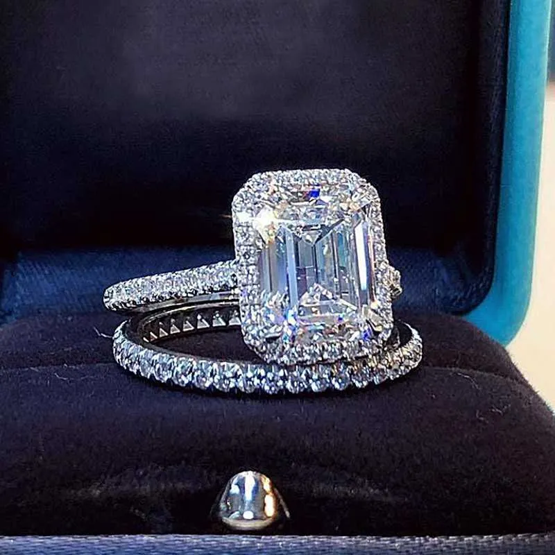 26dn Trouwringen Emerald Cut 2ct Lab Diamond Promise Ring Sets 925 Sterling Zilver Engagemen t Moissanite Weding Band voor Vrouwen Bruidsfeest Jood