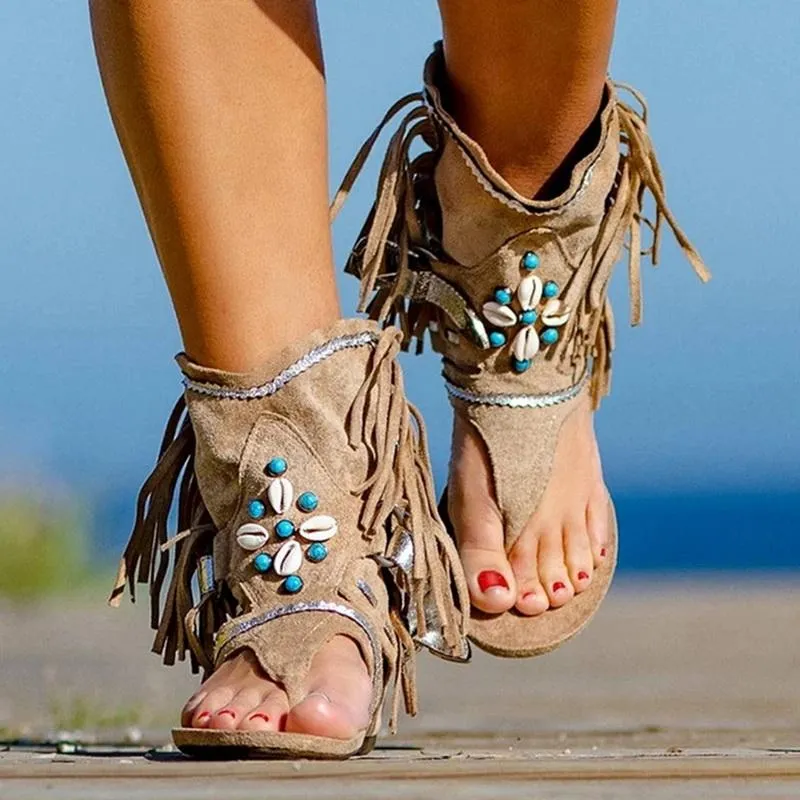 Amazon.com: Women's Roman Flat Sandals Casual Summer Thong Toe Ethnic Style  Fringe Gladiator Sandals Clip Toe Back Zippers Tassel Beaded Sandals Fashion  Cowboy Summer Sandals Ladies Beach Travel Shoes : Clothing, Shoes