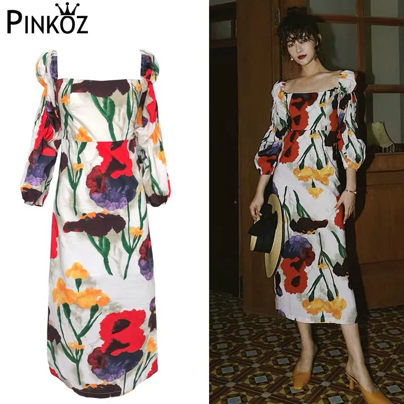 Elegant Lady s Square Collra Vintage Midi Dress Floral Print Long Puff Sleeve Bodycon Women High Fashion 210421