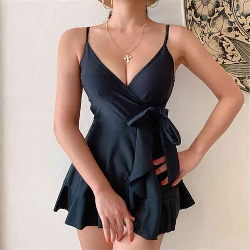 Push Up Tankini Swimsuit Women Swimwear Dress Korea Onepiece Swimming Suit For Ladies Bathing With Shorts 210712