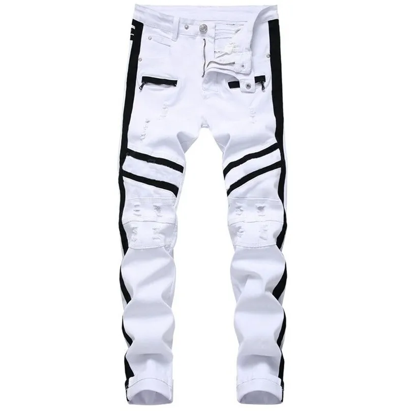 Män Hip-Hop Stripe Design Patchwork Ripped Stretch Slim Jeans Streetwear Cotton Male Casual Joggers Denim Trousers Plus Storlek 42 211111