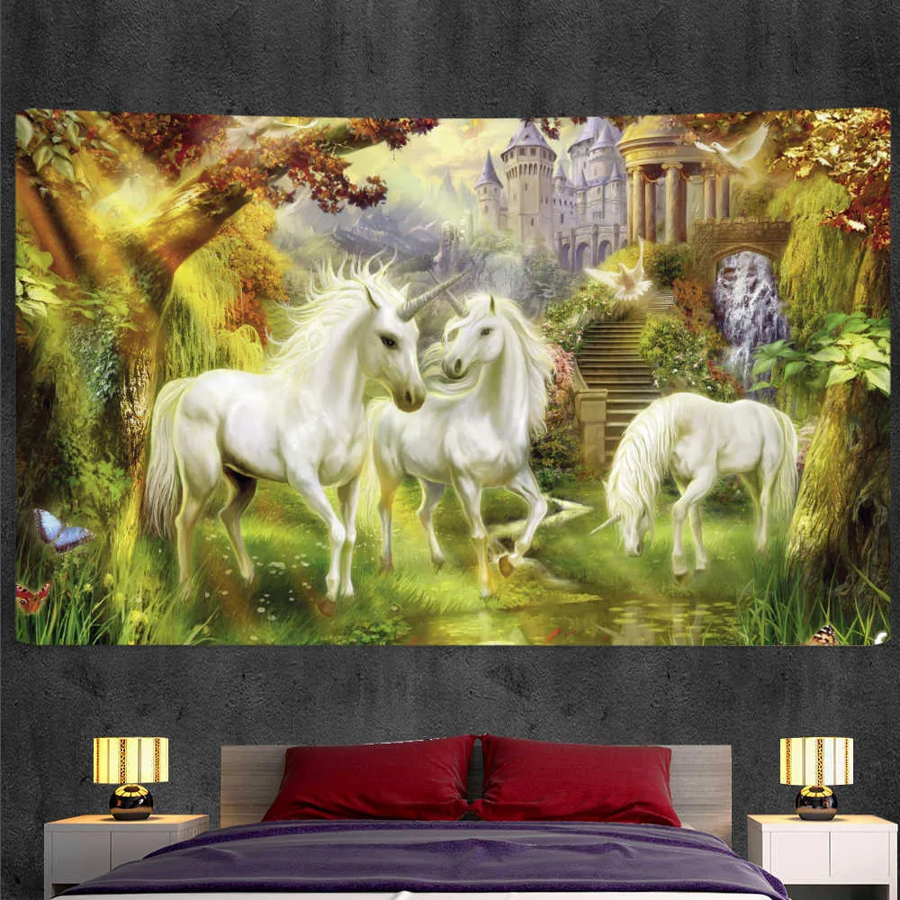 Mysterious Unicorn Home Dekoration Tapestry Vägg Hängande Bakgrundsduk Psychedelic Tapestry Bohemian Dekorativ Madrass 210609