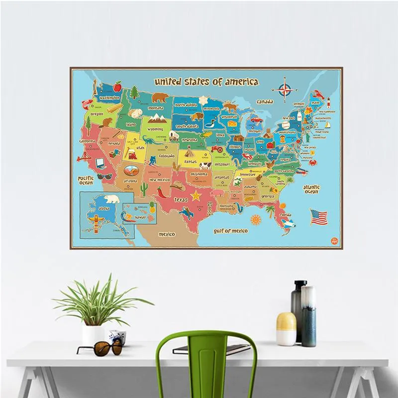 Wall Stickers Animals & Plants Map Of American Kindergarten Classroom Kids Room Home Decoration USA Mural Art Pvc Decal