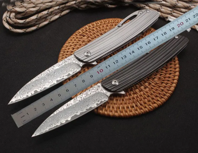 1Pcs High Quality Flipper Folding Knife Damascus Steel Blade Black/Silver Stainless Steel Handle Outdoor EDC Pocket Gift Knives