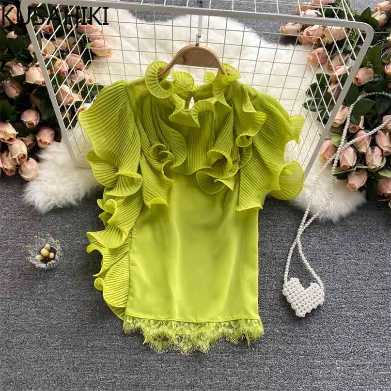 Save Big on Bulk Butterfly Sleeve Chiffon Blouses Ruffle Chiffon Blouse  Women Korean Style Pleated Butterfly Sleeve Casual Top Summer Blusa  Feminina