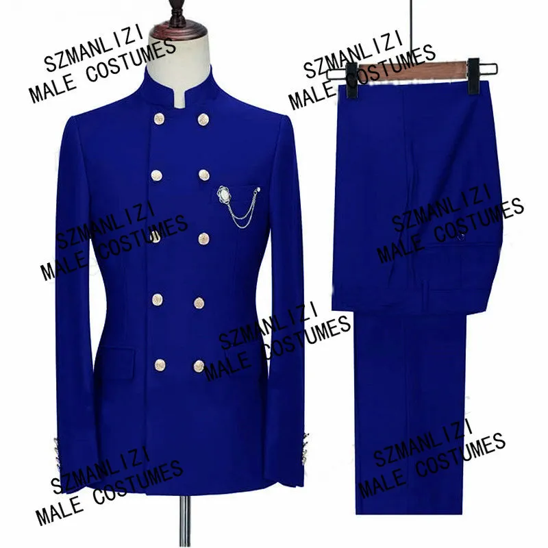 Fashion Designs Slim Fit Royal Blue Smoking Jacket Stand Collar Party Tuxedo Male Dress Double Breasted Wedding Groom Men Suits