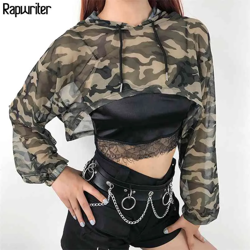 Maglia sexy trasparente con coulisse Felpe mimetiche Estate manica lunga Streetwear Felpa Pullover Crop Tops 210510