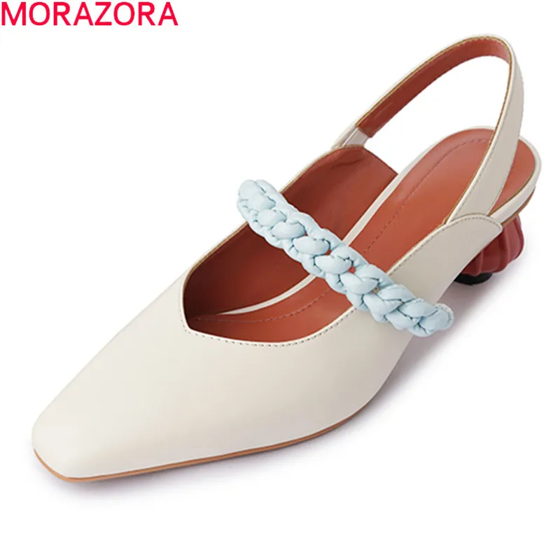 MORAZORA Summer Genuine Leather Sandals Thick Heels Square Toe Sweet Ladies Single Shoes Fashion Mary Jane Women Pumps 210506