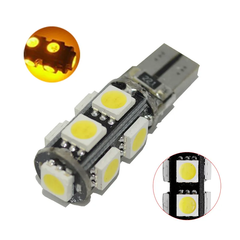 50PCS Gul T10 W5W 5050 9SMD LED CANBUS ERROR Fria billökar för 192 168 194 2825 Clearance Lamps License Plate Lights 12V