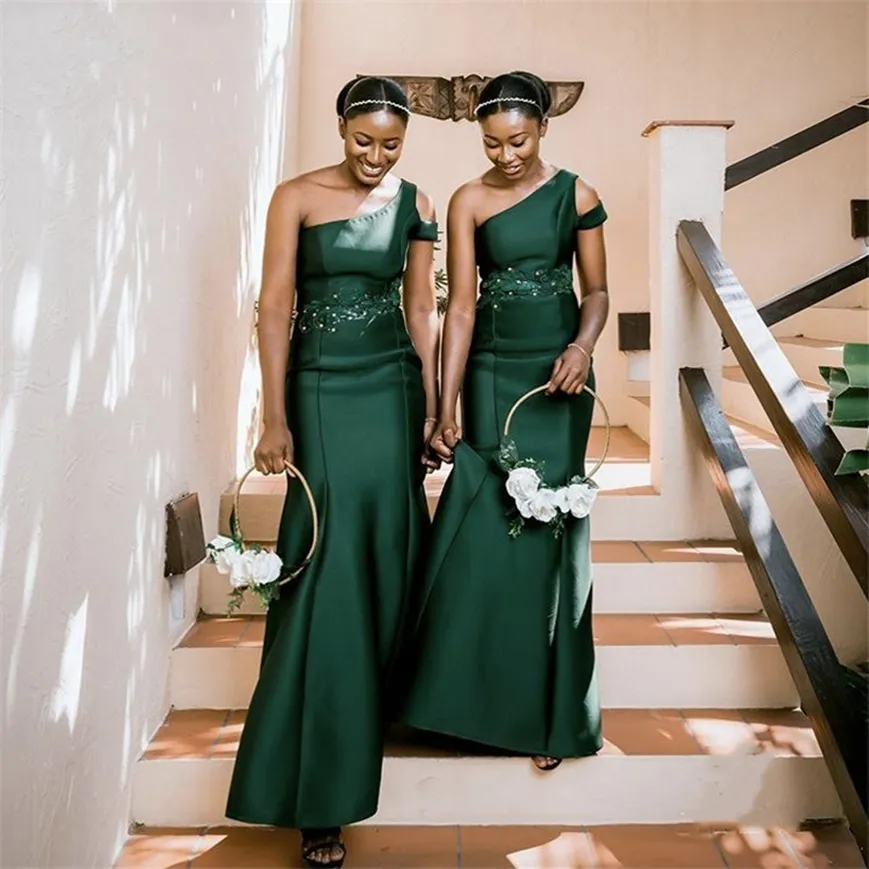 Bridesmaid Dresses Green One Shoulder Mermaid Satin Lace Crystal Bridesmaid Dresses With Zipper Wedding Party Bridemaid Gowns