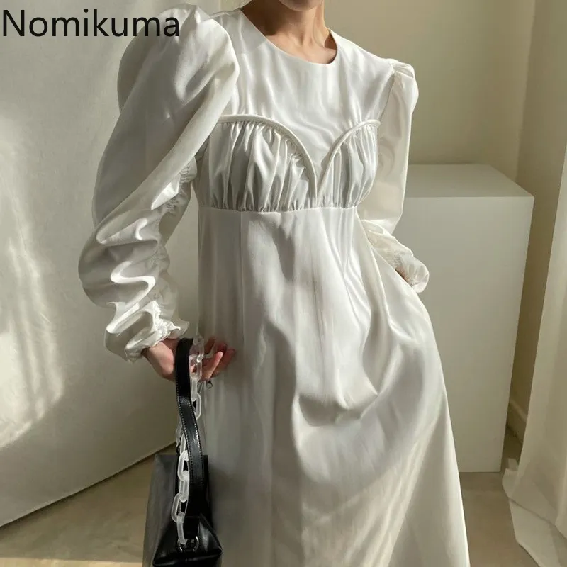 Nomikuma vestido de mujer coreano plisado Patchwork Vestidos elegantes mujer primavera Chic Puff manga cuello redondo Vestidos casuales 6F897 210427