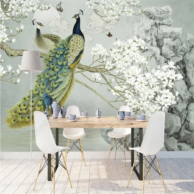 Tapeten Chinesischer Stil Pfau Weiße Magnolienblume Benutzerdefinierte Wandbild Wohnkultur Selbstklebende PO-Tapete Schlafzimmer 3D-Wandpapier
