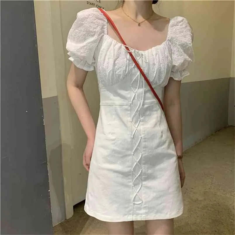 Sweet Lace Embroidery Stitching Cross Lacing up Puff Sleeve Short Dress Fashion Woman Bodycon White Club Mini 210519