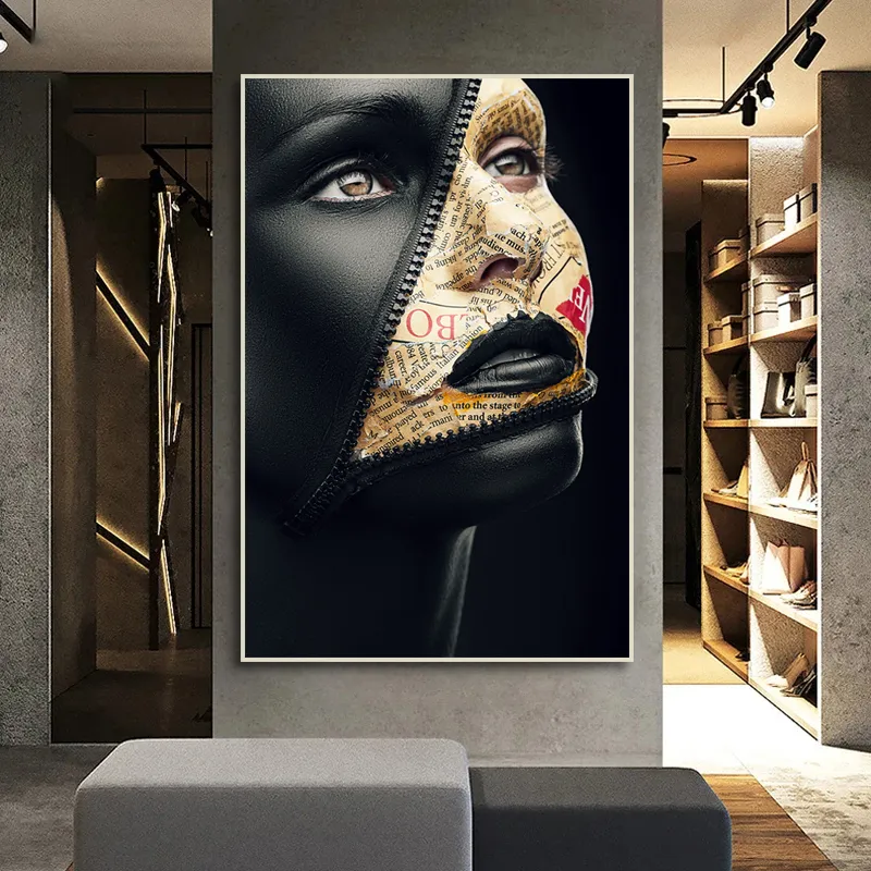 Affiches et imprimés d'art abstrait de femme noire, fermeture éclair sur le visage, peinture sur toile surréaliste, images d'art mural modernes pour la conception de la maison