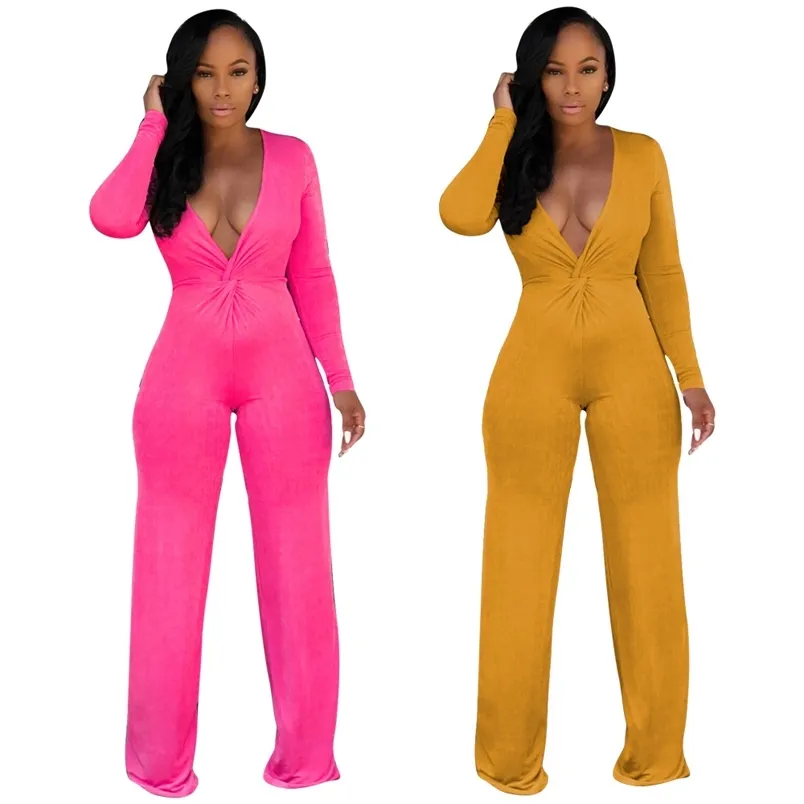 Sexy jumpsuit mulheres profundas vice-pescoço manga comprida roupa de néon rosa amarelo trabalho de outono playsuit escritório senhoras macacões 210517