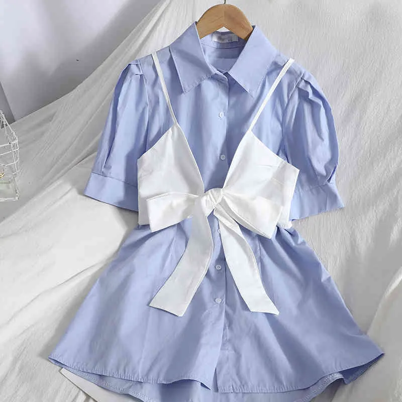 Summer Casual Strap Big Bow Suspender camisa vestido para mulheres coreanas de manga curta cor sólida vestido de cor de duas peças mini 210420