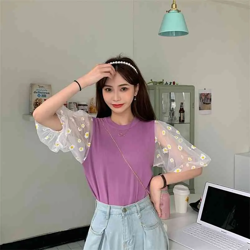 Sommer Damen Puffärmel gestricktes T-Shirt Tops Kurze koreanische Ins kleine Gänseblümchen-Mesh-Nähte T-Shirt GD371 210506