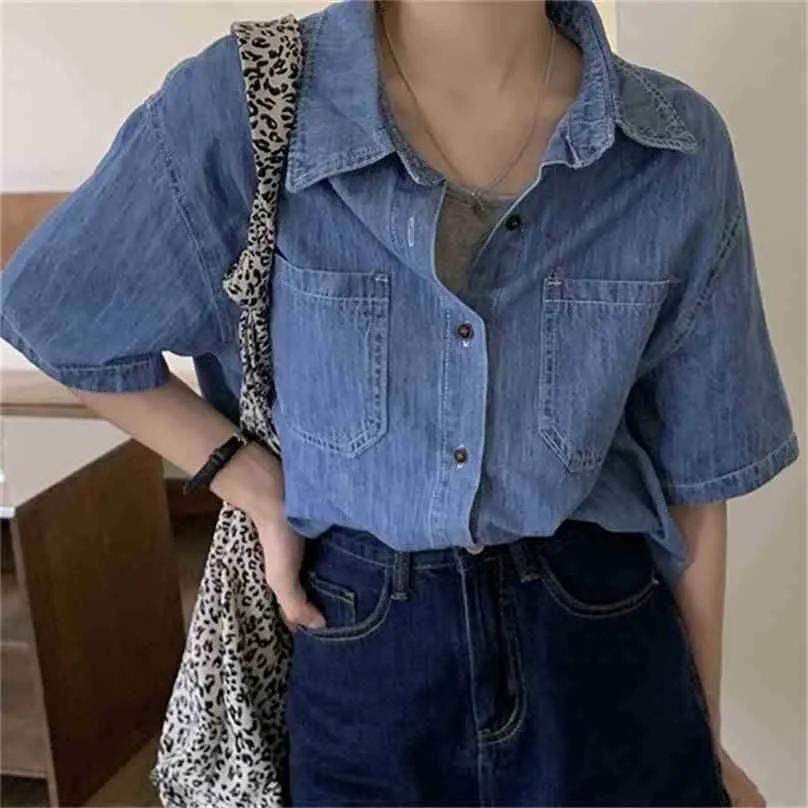 Ol Retro Blue Denim Streetwear Lote Lapela Cowboy Casual Verão Tops Blusas Vintage Chic Femme Camisas 210525