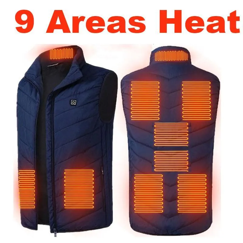 Outdoor T-shirts 9 områden Uppvärmd väst Män Elektrisk USB väst Kvinna Kappa Fjäder Thermal Jacka Uppvärmning Gilet