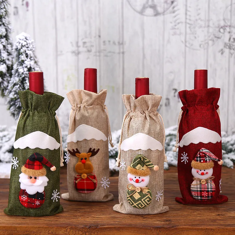 Partihandel Juldekorationer Vinflaska Skydd för Home Santa Claus Snowman Stocking Gifthållare Xmas Navidad Decor Gott Nytt År