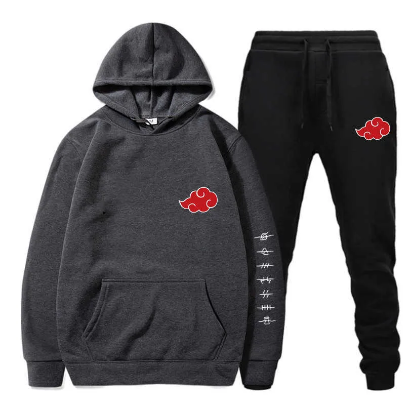 New 2 Pieces Set Akatsuki Cloud Symbols Print Hoodies+Pants Tracksuit Men Women Sweatshirt Streetwear Pullover Sudaderas Y0831