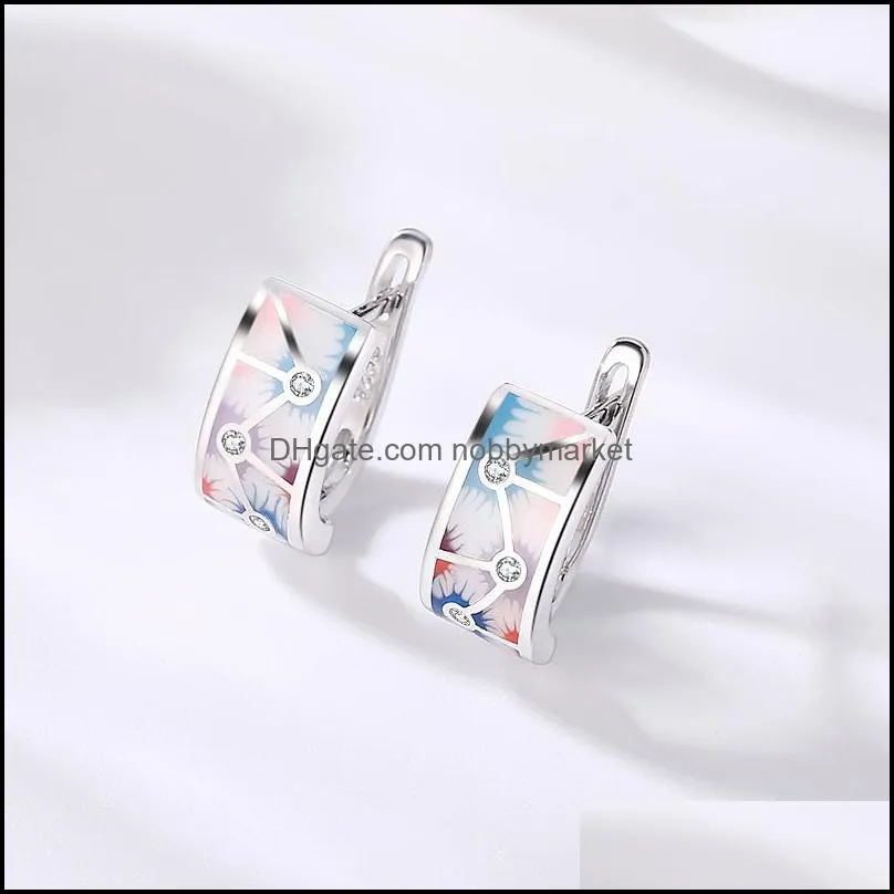 OGULEE Earrings For Women New 925 Sterling Silver Colorful Enamel with Cubic Zirconia Flower Earrings Luxury Jewelry Enamel 210323