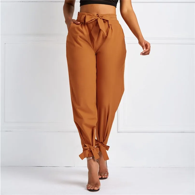Women Summer Harem Pants with Waist Belt Bowtie Solid Trousers Ladies Casual Fashion Middle Girls Street Clothing 210925