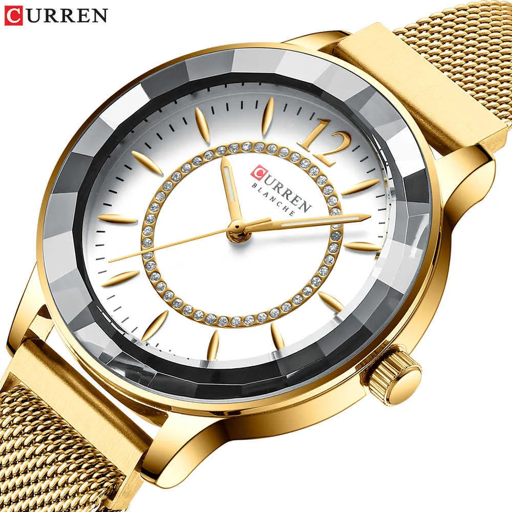 Curren Luxury Brand Relogios Feminino Quartz Clock Ladies Watch Strass Dial com pulseira de aço inoxidável Relógios femininos elegantes Q0524