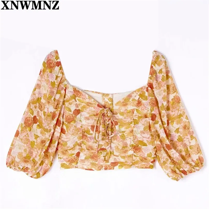 Woman Vintage Orange Floral Print Tshirt Casual Center Bandage Tie Women T-shirt Summer Crop Top Female Clothes Tops 210520