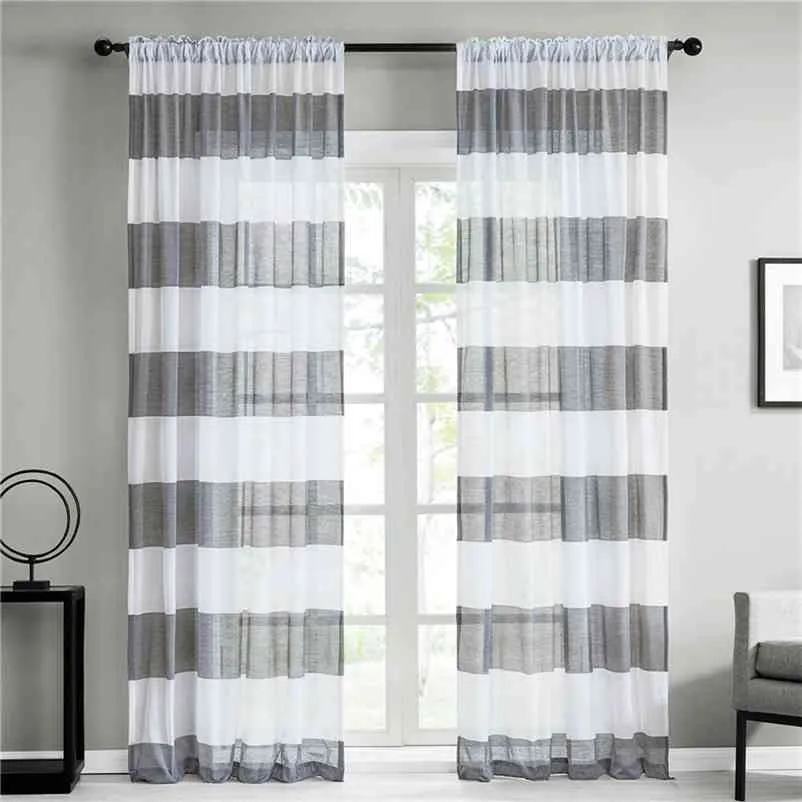 Light Gray Coffee Sheer Curtain for Living Room Bedroom Kitchen Home Decorative Striped Voile Semi Tulle on Windows Drapes 210913