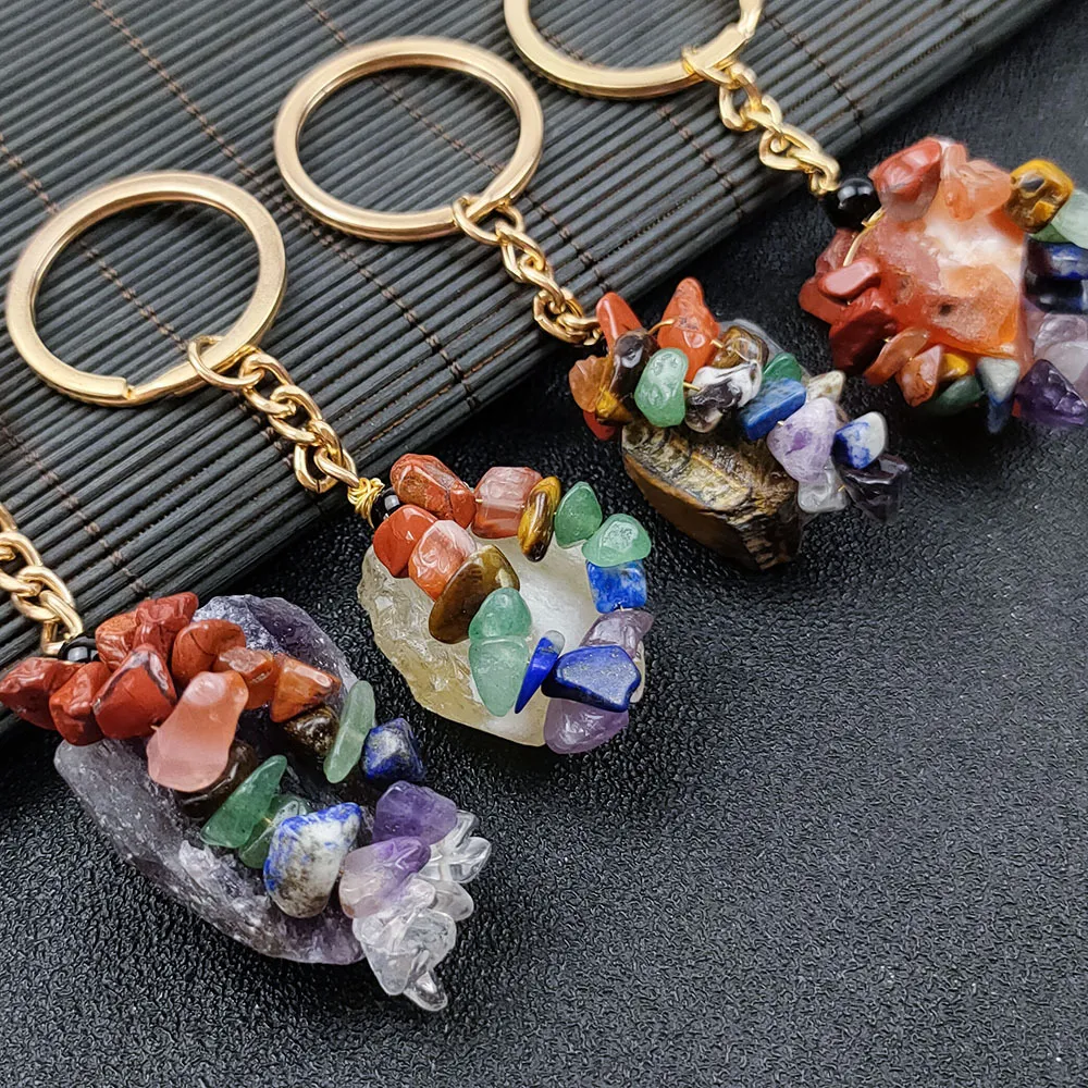 Natural Gemstone Keychain Raw Crystal Keyring with Amethyst, Tiger Eye, Quartz Healing Stone Pendant for Handbag Meditation
