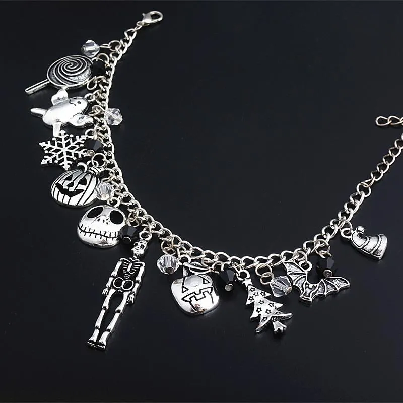 Länk, Kedja Mardrömmen före jularmband Jack Skellington Snowflakes Pumpkin Skull Charms Bangle Armband Halloween Smycken