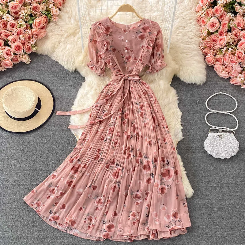 Sommer Schwarz/Beige/Rosa Blume Gedruckt Gefaltetes Langes Kleid Frauen Casual Oansatz Puff Hülse Unregelmäßige Blumen Drapierte Vestido weibliche Y0603