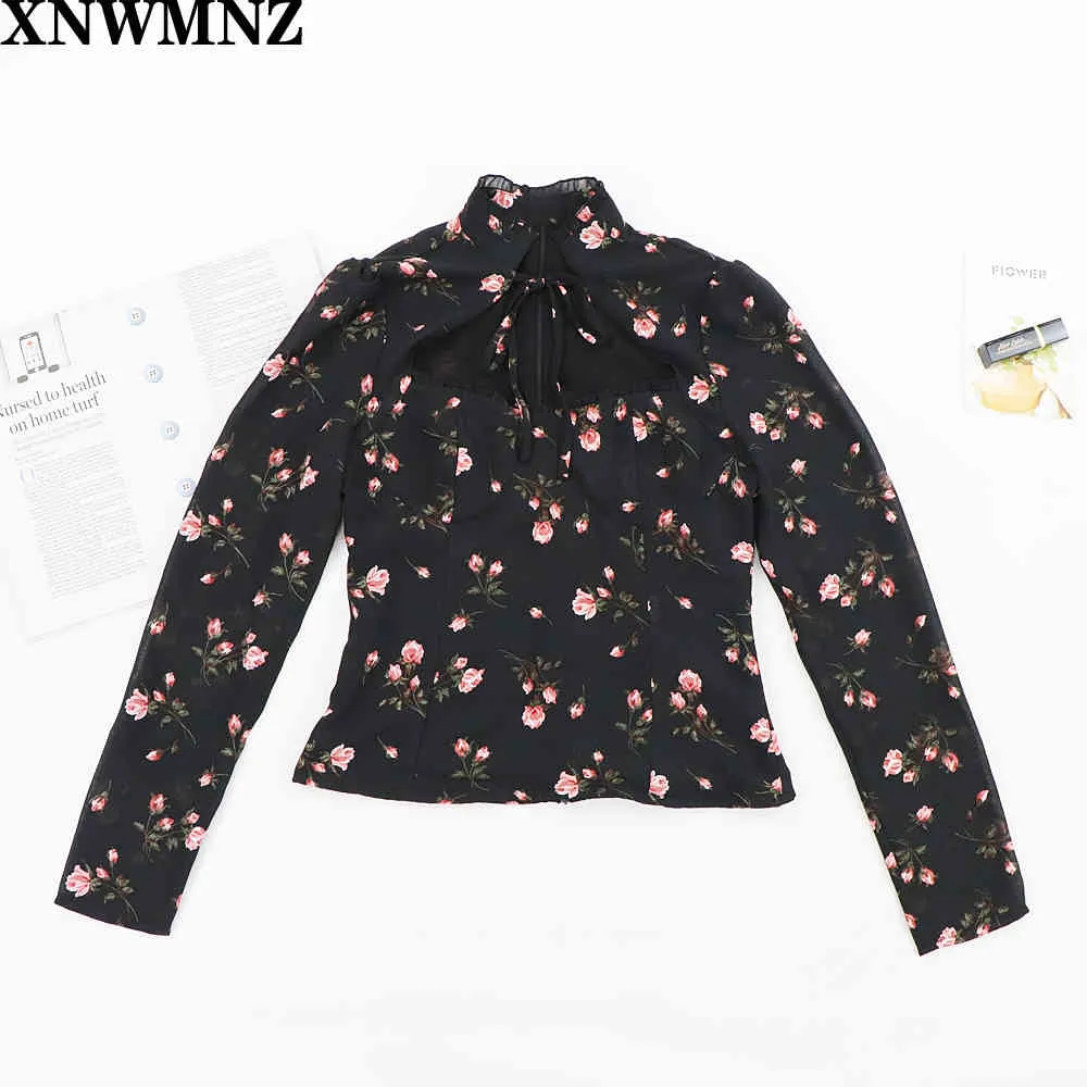 Vintage Slim Slim Hollow Out Tops Élégant Rose Rose Floral Imprimé Black Femmes Blouse Partie Blouses Mujer de Moda ZA Top Shei N VAD 210510