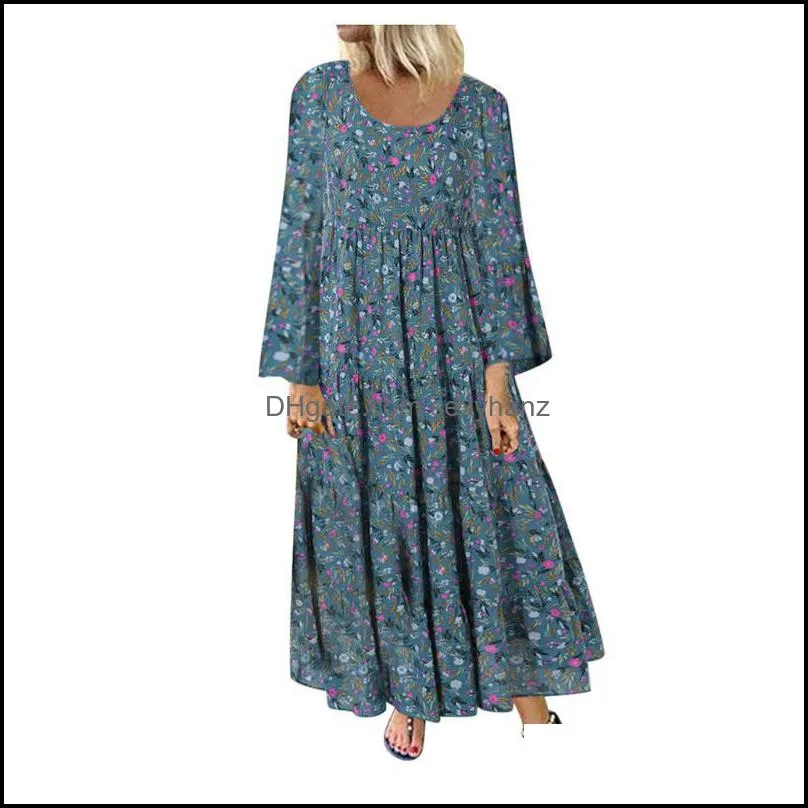 Womens Maxi Beach Dress 2021 Autumn Long Sleeve Casual Boho Kaftan Tunic Gypsy Ethnic Style Floral Print Plus Size Dresses#J3 Dresses