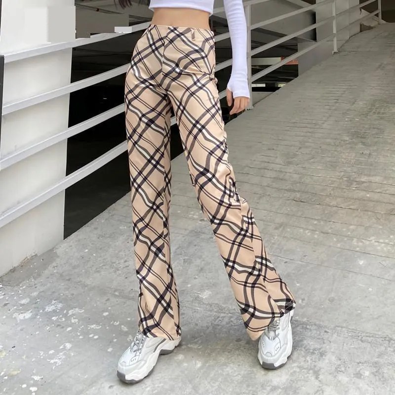 Vintage Checkered Print Long Trousers Ladies Designer High Waisted Pants Capris Casual Skinny Jogger Streetwear For Women 2021 Women's &