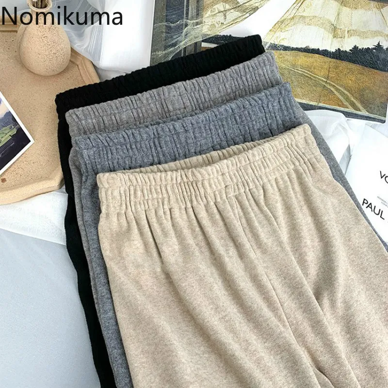 Nomikuma Coreano Harajuku Calça Reta de Perna Larga Feminina Cor Sólida Calça Casual Solta Elástica Cintura Alta Pantalones 3e105 210514