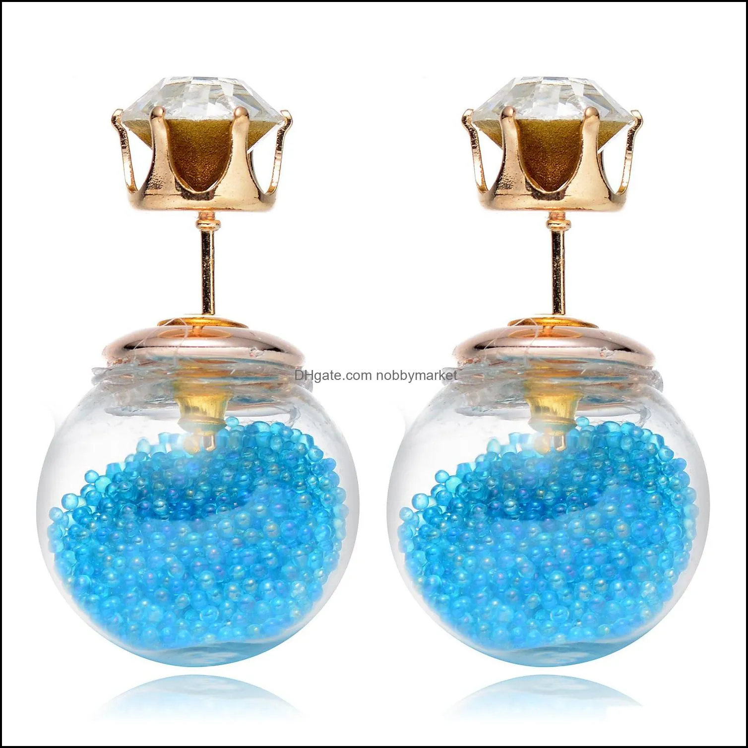 Hot sale double sided pearl women earings transparent Glass Cubic Zirconia CZ stud earings For Candy Color quicksand Fashion Jewelry