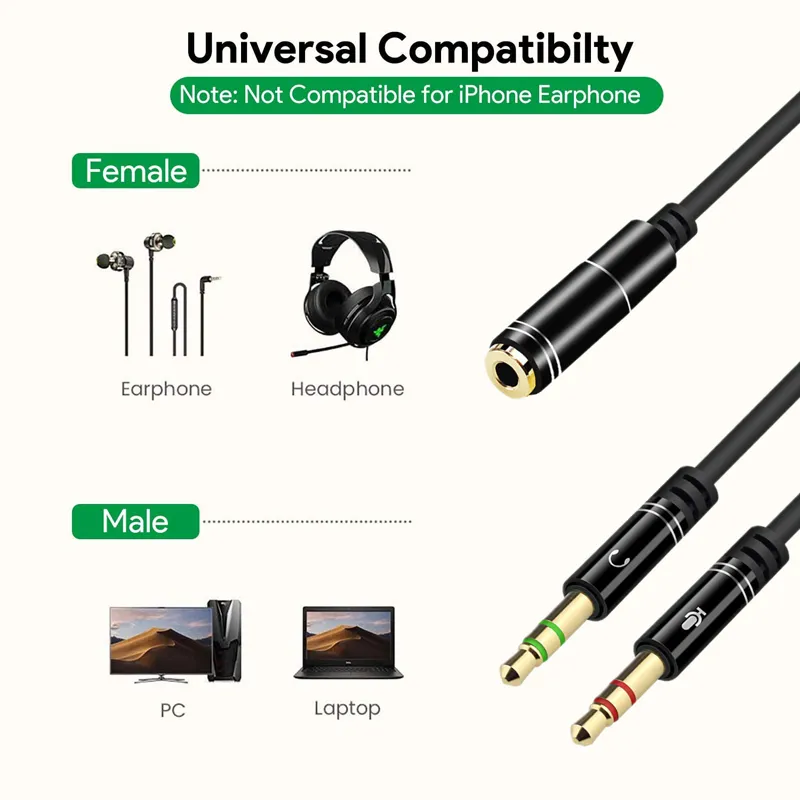 Headphone Splitter, 3.5mm Audio Stereo Y Splitter Extension Cable Male to  Female Dual Headphone Jack Adapter for Earphone, Headset Compatible with  iPhone, Samsung, Tablet, Laptop - Computers Plus