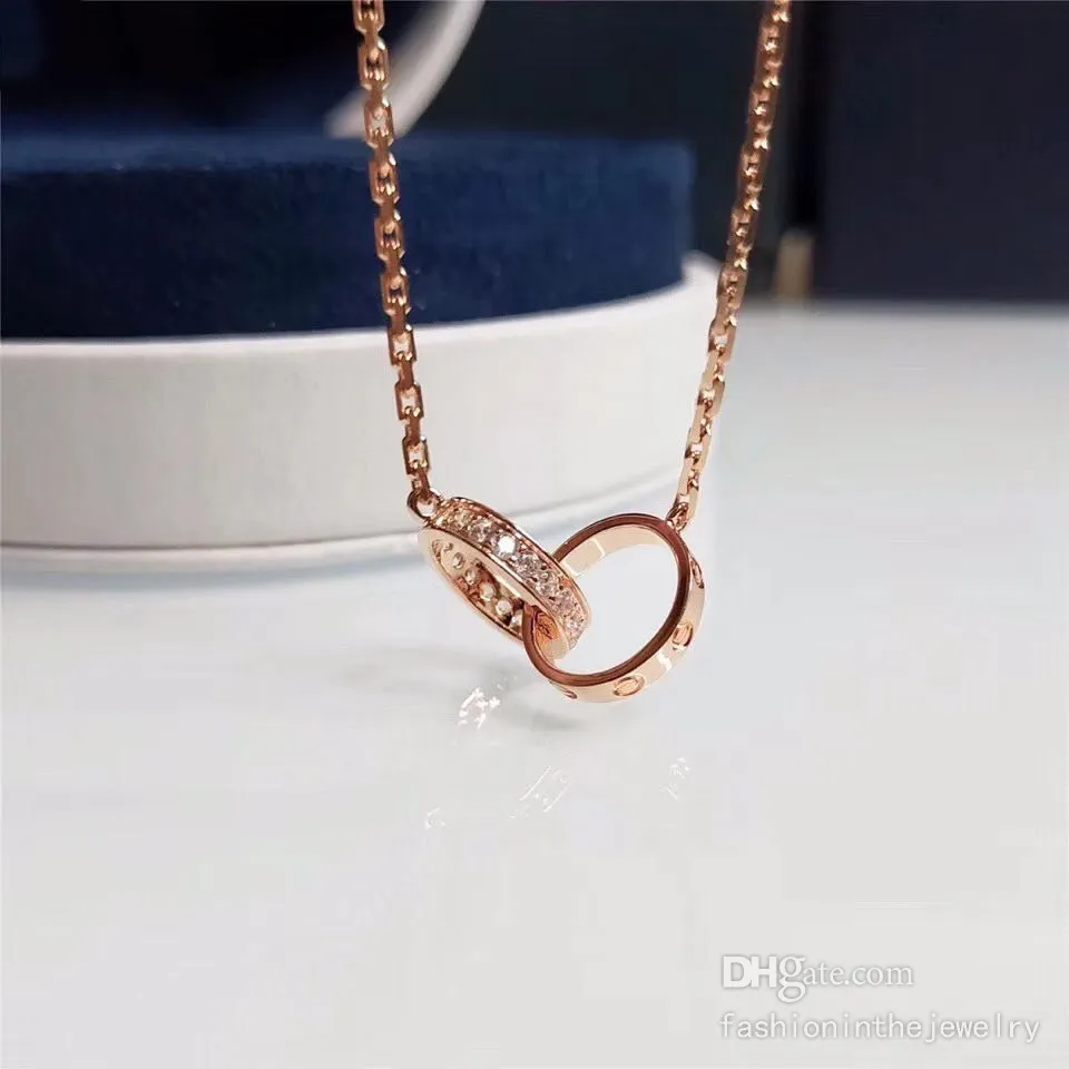 Fashion Necklace Designer Jewelry luxury party Sterling Silver double rings diamond pendant Rose Gold necklaces for women silver 925 long chain teenage girls