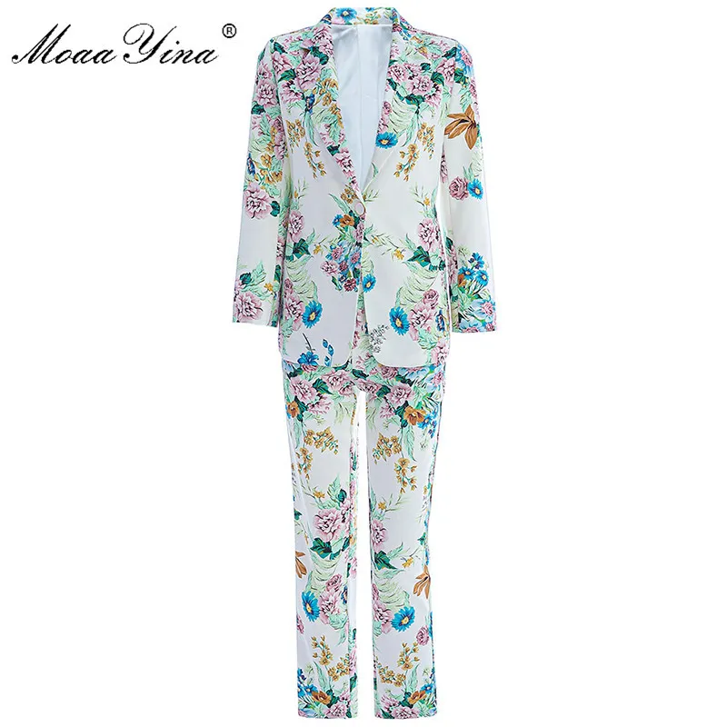 Mode Designer Suit Lente Herfst Dames Lange Mouw Single Button Tops + Floral Print Broeken Tweedelige Set 210524