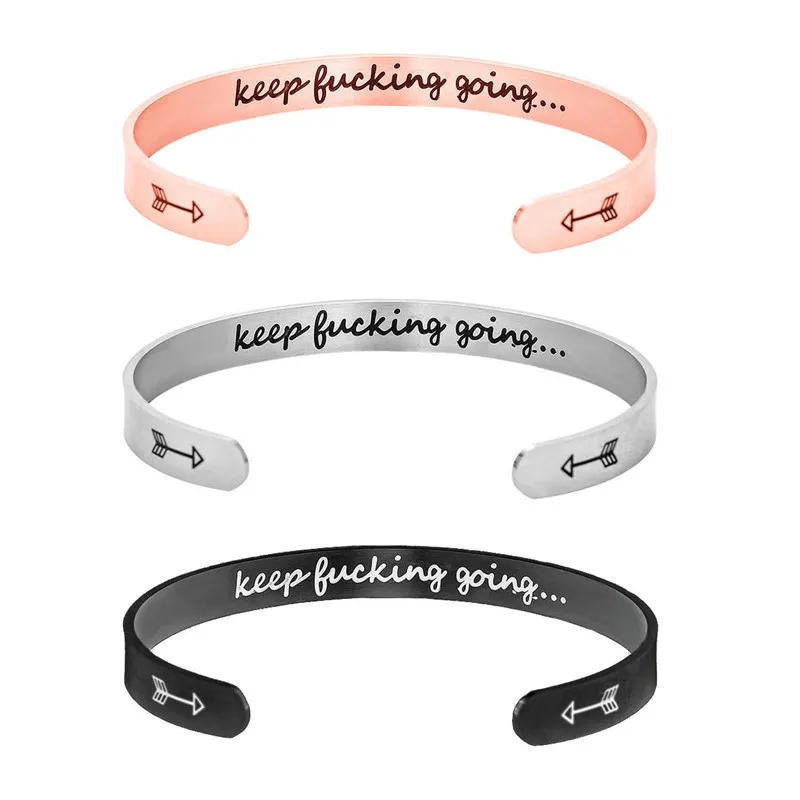Edelstahl-Armband mit offener Manschette und Armreif „Keep Fucking Going“, personalisierte Armbänder mit Buchstaben und Initialen für Frauen