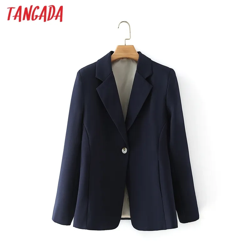 Women One Button Solid Blazer Coat Vintage Notched Collar Pocket Fashion Female Casual Chic Tops DA70 210416