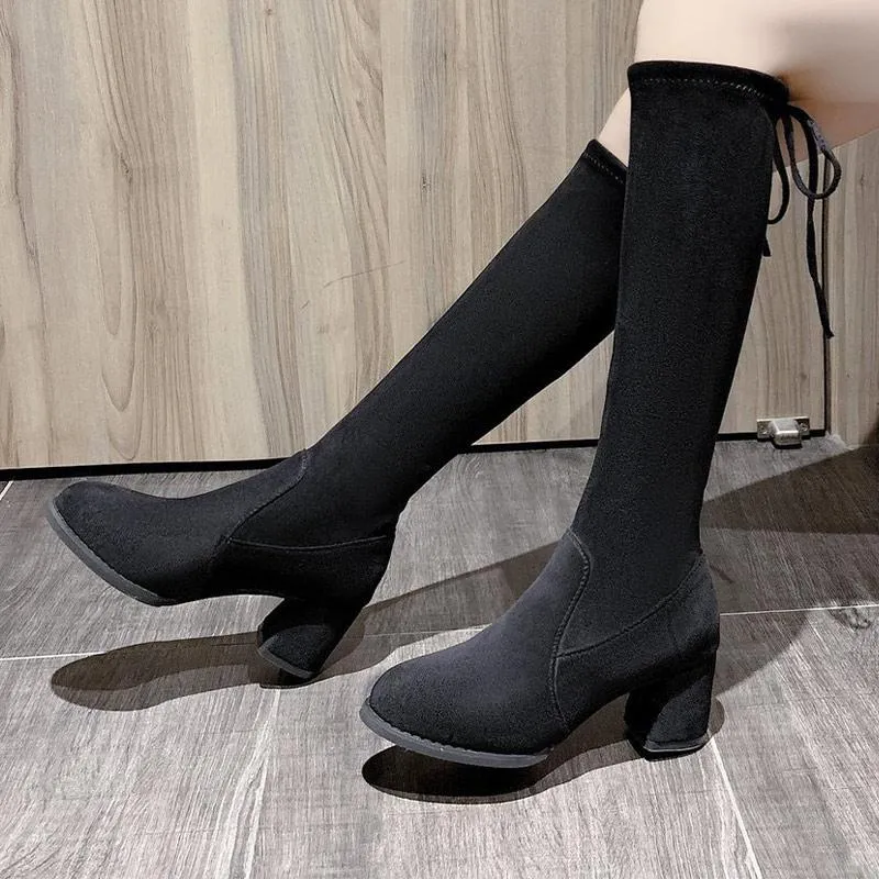 Botas de ante para mujer, zapatos de plataforma de punta redonda suave con cordones hasta la rodilla por encima de la rodilla, moda de otoño 2021