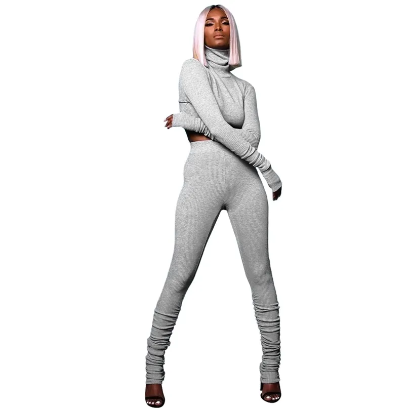 Herfst Winter Gebreide Trainingspak Womens Twee stuk Outfits Turtleneck Lange Mouwen Crop Top Tuniek Skinny Potlood Broek Broek Sets 210525