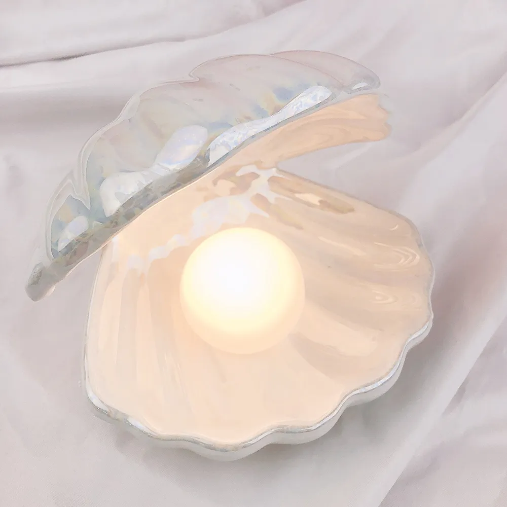 Ins Japanese Style Ceramic Shell Pearl Night Light Streamer Mermaid Fairy Lamp For Bedside Home Decoration Xmas Gift
